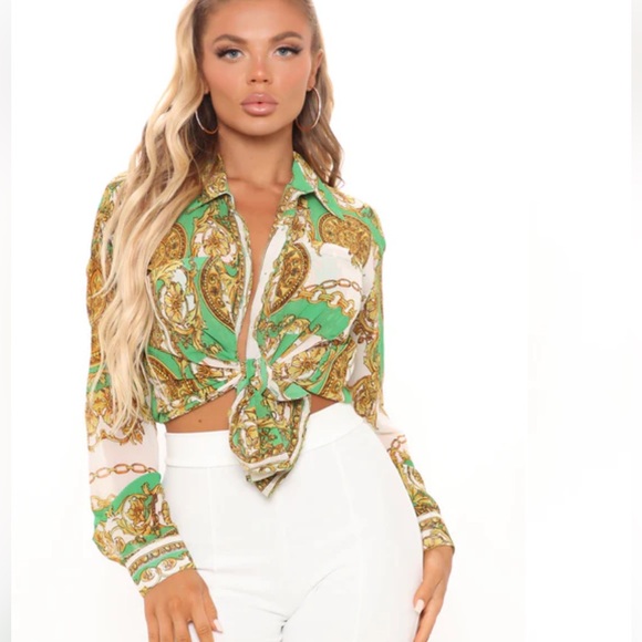 NWT Fashion Nova Green and Gold Chain Print Shirts - Picture 2 of 8